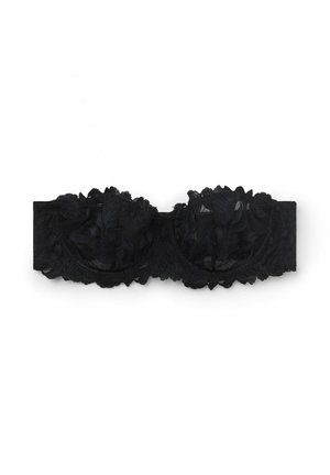 Zwarte kanten bandeau met bloemendessin, voorzien van gerafelde randen en een semi-doorzichtige textuur. Rekbare stof voor een aansluitende pasvorm.