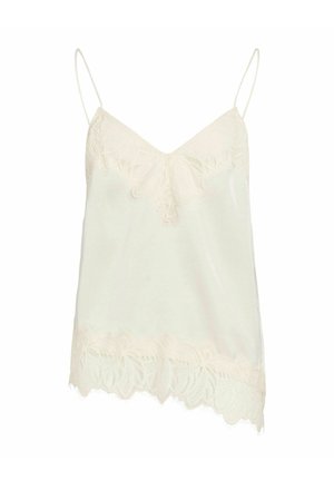 Kremasta majica na bretele s V-izrezom, podesivim tankim naramenicama i mekanom satenskom teksturom. Ima detaljnu cvjetnu čipku na rubu.