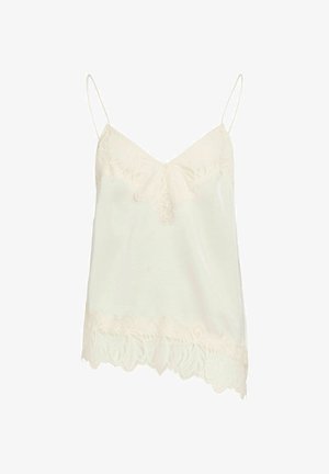 Kremna camisola z V-izrezom, obrobljena z čipko, nastavljivimi tankimi naramnicami in mehko satensko teksturo. Na spodnjem robu je detajlna cvetlična čipka.