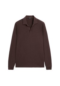 Donkerbruine polo met lange mouwen, voorzien van een klassieke kraag, drie knopen bij de halslijn en ribgebreide manchetten.