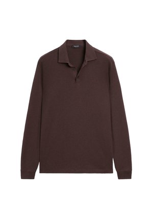 Long-sleeve polo shirt in dark brown fabric, featuring a classic collar, three buttons at neckline, and ribbed cuffs.