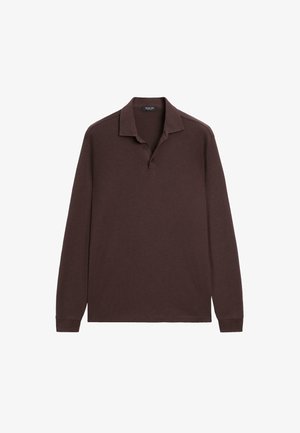Langærmet polo shirt i mørkebrun stof, med klassisk krave, tre knapper ved halsen og ribbede manchetter.