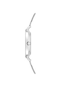 Silberne Armbanduhr mit einem eleganten, runden Gehäuse, strukturiertem Krone und einem geflochtenen Metallarmband, das eine polierte Oberfläche und ein minimalistisches Design zeigt.