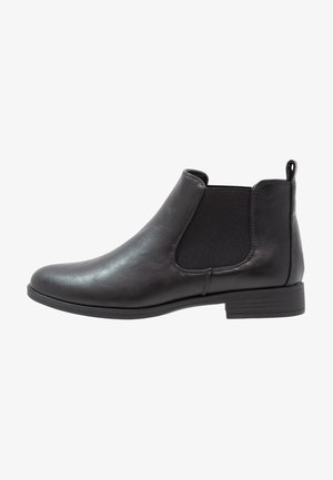 Black leather ankle boot with elastic side panels, rounded toe, and a low stacked heel. Smooth texture with a pull tab on the back.
