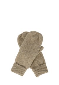 Muffole di lana lavorate a maglia in un colore marrone chiaro con una texture morbida e polsini a coste. Hanno una forma arrotondata e presentano un delicato motivo mélange.