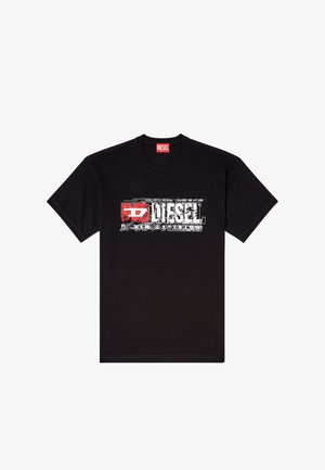 Camiseta de algodón negra con un atrevido logo "DIESEL" desgastado en blanco y rojo. Cuello redondo clásico y mangas cortas con un corte estándar.