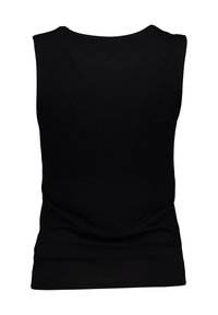 Black sleeveless top with a round neckline. Made of smooth fabric, it features a fitted silhouette and no visible patterns or hardware.