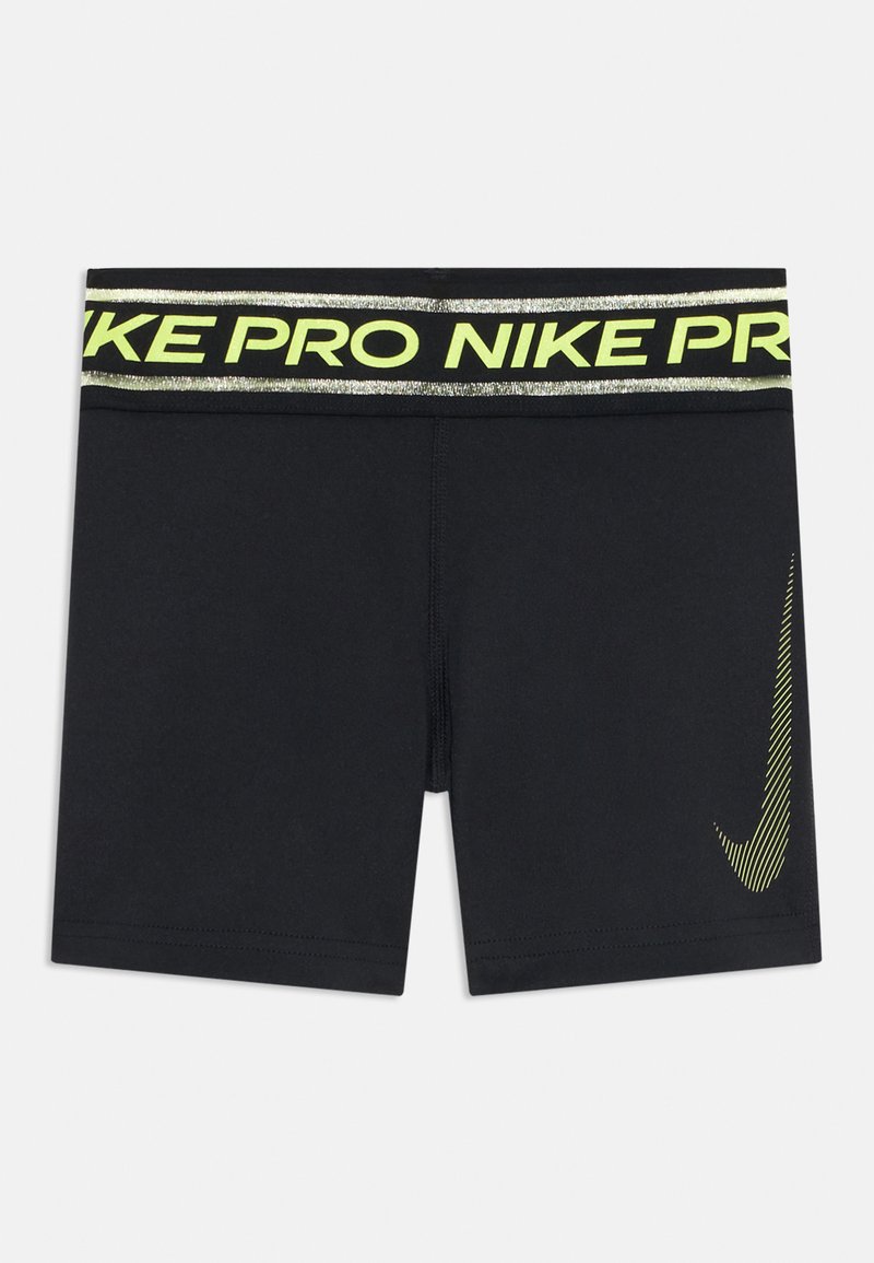 Shorts de sport noirs avec une taille réfléchissante jaune "NIKE PRO" et un logo Nike en diagonale sur la jambe gauche. Matière douce et extensible.
