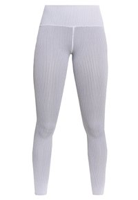 Tajta leggings i ljusgrått med vertikala vita ränder, med en bred midjeband och stretchigt tyg för komfort och stöd.