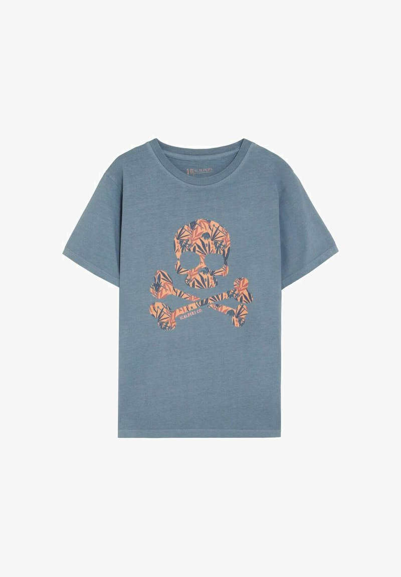 Niebieski T-shirt z krótkim rękawem z grafiką czaszki i piszczeli w pomarańczowo-ciemnoniebieski wzór kwiatowy na przodzie.