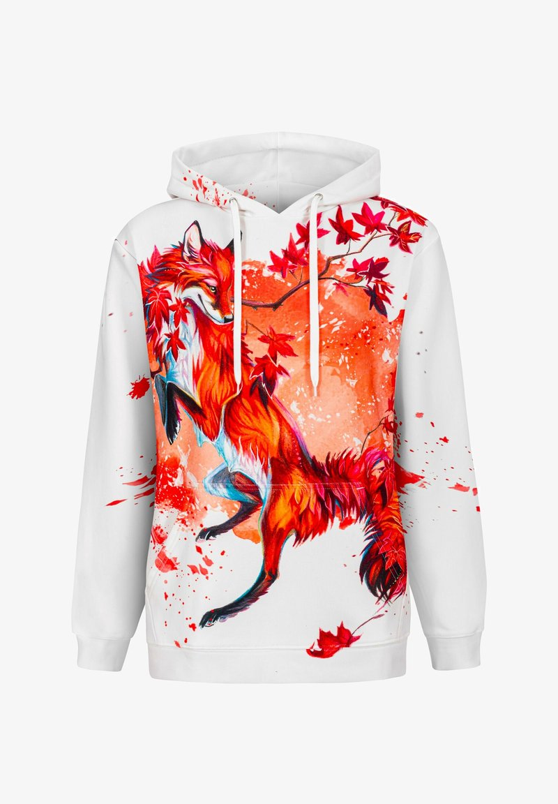 White hoodie featuring a vibrant, illustrated red fox surrounded by orange and red autumn leaves with splatter patterns. Drawstring hood.