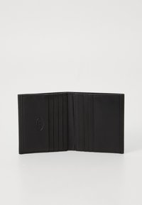 Black leather wallet, bifold design with multiple card slots, smooth texture, and subtle branding embossed on the interior. Minimalist style.