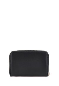 Portefeuille en cuir noir avec fermeture zippée, texture lisse, forme rectangulaire et couleur homogène sur toute la surface.