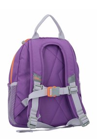 Purple fabric backpack with gray straps, mesh side pockets, and orange accents. Features padded back and adjustable straps. Compact design.