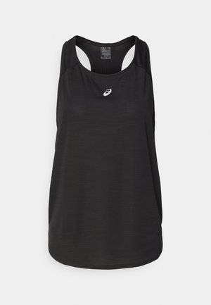 Schwarzes sportliches Tanktop aus leichtem Material. Mit rundem Halsausschnitt, Racerback-Design und kleinem weißen Logo auf der Vorderseite.