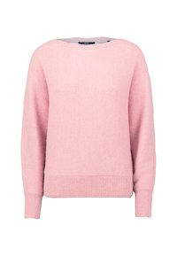 Różowy sweter dzianinowy z długimi rękawami, rypsowym wykończeniem i okrągłym dekoltem. Miękka tekstura i luźny krój. Brak widocznych wzorów lub akcentów.