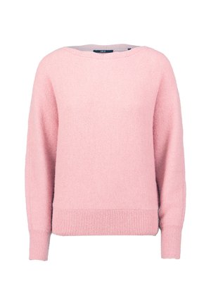 Roze gebreide trui met lange mouwen, geribde zoom en ronde halslijn. Zachte textuur en ontspannen pasvorm. Geen zichtbare patronen of accenten.