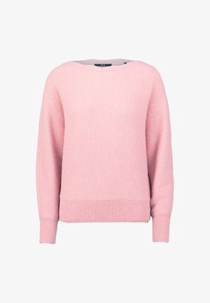 Różowy sweter dzianinowy z długimi rękawami, rypsowym wykończeniem i okrągłym dekoltem. Miękka tekstura i luźny krój. Brak widocznych wzorów lub akcentów.