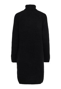Robe-pull en maille noire à manches longues avec un col roulé haut, vue de dos sur fond blanc.
