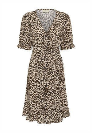 Leopardprint omslagskjole med korte puffærmer, v-hals, flæset kant og lavet af let, struktureret stof.