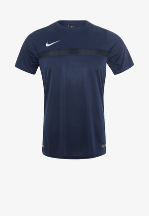 T-shirt de sport Nike Dri-FIT bleu marine à manches courtes avec bande horizontale en mesh noir et logo blanc Nike Swoosh sur le haut gauche de la poitrine.
