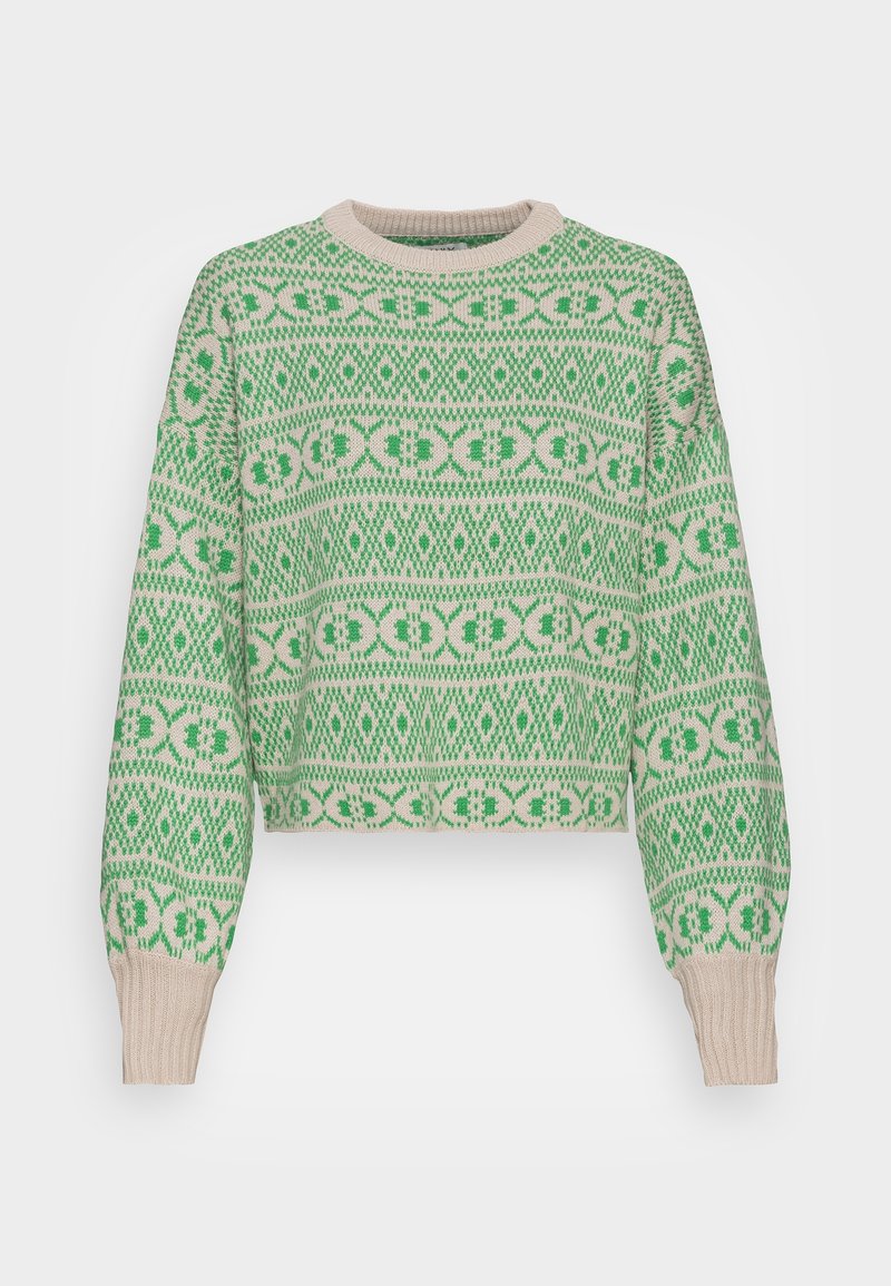 Pull en tricot vert et beige à manches longues avec un motif géométrique répétitif sur le corps et les poignets.