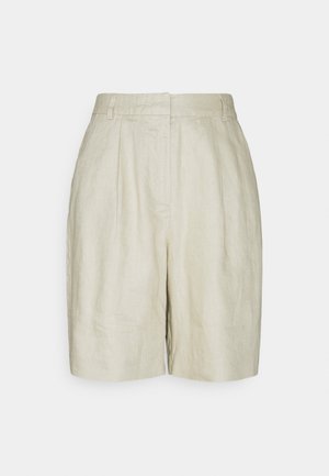 Højtaljede beige linnedshorts med bæltestropper, forreste læg og skjult forlukning foran.
