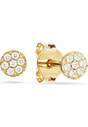 Guldøreringe med en struktureret design, der har klynger af klare ædelsten arrangeret i et cirkulært mønster.