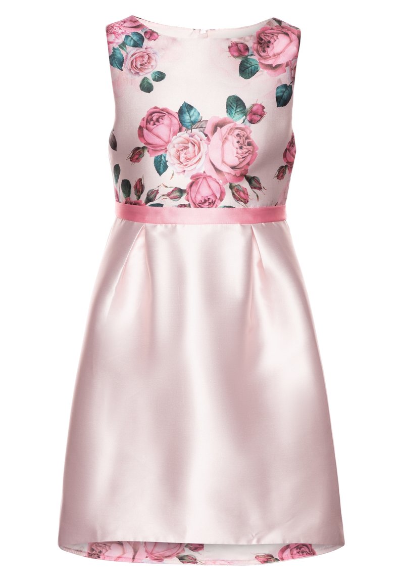 Blommig klänning med en ljusrosa satinkjol och en byst prydd med stora rosa rosor och gröna blad; figursydd midja med rosa kant.