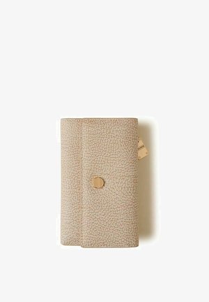 Rectangular beige textured wallet with a gold circular clasp and a small tag on the right side against a white background.