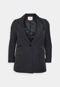 Black blazer with a lapel collar, single button closure, two front pockets, and a silky inner lining. Textured fabric with structured design.