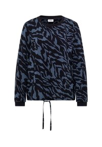 Svart och blåmönstrad sweatshirt med lång ärm, elastiska muddar och dragsko i nederkant. Materialet ser mjukt ut med en slät yta.