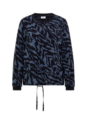 Schwarzer und blauer gemusterter Sweatshirt mit langen Ärmeln, elastischen Bündchen und einem Kordelzugsaum. Das Material wirkt weich mit einer glatten Textur.