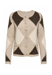 Vlněný cardigan s geometrickým vzorem v béžové, krémové a tmavě hnědé barvě, s kulatým výstřihem, zapínáním na knoflíky vepředu a dvěma kapsami.