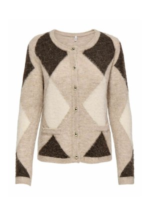 Cardigan in lana con motivo geometrico nei colori beige, crema e marrone scuro, dotato di collo rotondo, chiusura frontale con bottoni e due tasche.