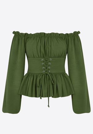 Grøn bluse med bare skuldre og lange ærmer, rynket halsudskæring, en tilpasset talje med snøre, og en udvidet peplumkant.