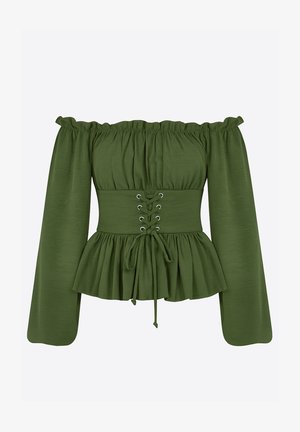 Zielona bluzka z opuszczanymi ramionami, długimi rękawami, marszczonym dekoltem, dopasowaną talią z sznurowanym detalem oraz rozszerzanym, baskinkowym dołem.