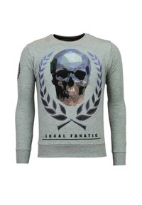 Grijze sweatshirt met lange mouwen met een meerkleurige geometrische schedelafbeelding, lauwerkransontwerp en de tekst "LOCAL FANATIC". Soepele textuur.