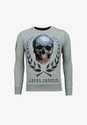 Grijze sweatshirt met lange mouwen met een meerkleurige geometrische schedelafbeelding, lauwerkransontwerp en de tekst "LOCAL FANATIC". Soepele textuur.