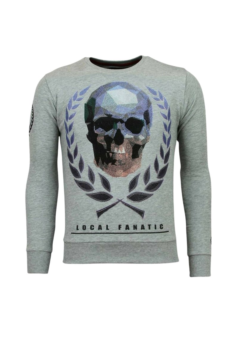 Grijze sweatshirt met lange mouwen met een meerkleurige geometrische schedelafbeelding, lauwerkransontwerp en de tekst "LOCAL FANATIC". Soepele textuur.