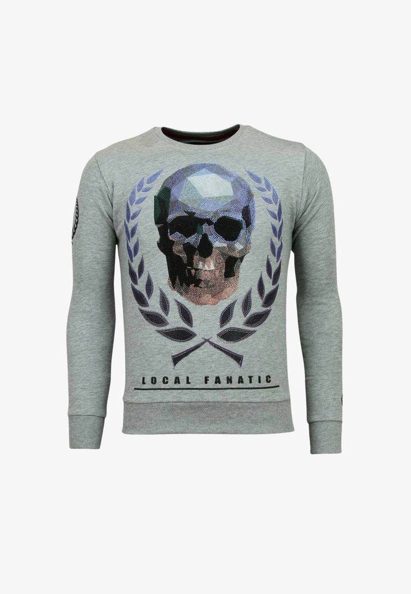 Grijze sweatshirt met lange mouwen met een meerkleurige geometrische schedelafbeelding, lauwerkransontwerp en de tekst "LOCAL FANATIC". Soepele textuur.