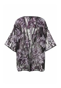 Průhledný černý kimono s fialovým květinovým vyšíváním, široké rukávy, otevřený přední díl a hladká textura. Obsahuje kontrastní černý lem.