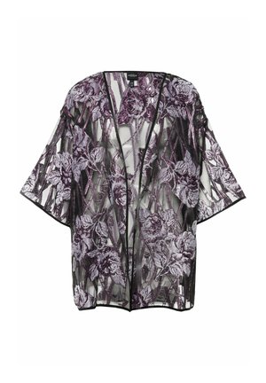 Průhledný černý kimono s fialovým květinovým vyšíváním, široké rukávy, otevřený přední díl a hladká textura. Obsahuje kontrastní černý lem.