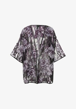 Doorzichtig zwart kimono met paarse bloemenborduursels, brede mouwen, open voorkant en een soepele textuur. Heeft contrasterende zwarte afwerking.