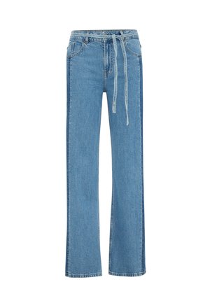 Jean en denim bleu clair avec une coupe droite, doté d'une taille à cordon de serrage et de poches standards. Le tissu a une texture lisse.