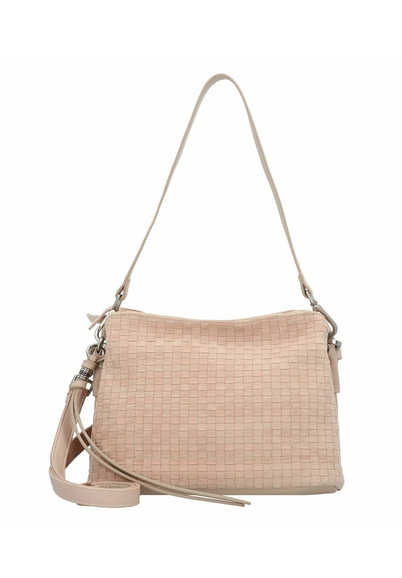 Woven pink leather Schultertasche in flacher Form, verstellbarer Trageriemen und kleinen silbernen Hardware-Akzenten. Strukturierten Oberfläche mit Karomuster.