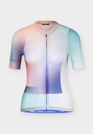 Maillot de cyclisme à manches courtes avec fermeture éclair sur le devant, tissu en maille, motif dégradé pastel bleu, rose et blanc avec le logo "LE COL".