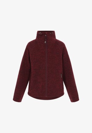 Burgundowa polarowa kurtka z wysokim kołnierzem i zamkiem z przodu. Posiada raglanowe rękawy oraz teksturowany wzór, gładkie wnętrze.