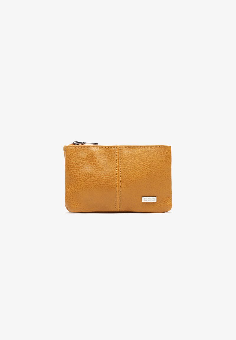 Leather wallet in mustard yellow, featuring a textured finish, zip closure, and a small metallic logo plaque on the front.