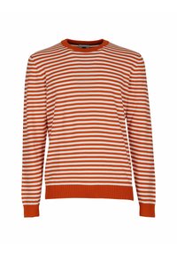 Maglione a righe in cotone arancione e bianco. Presenta un colletto a giro, maniche lunghe e polsini e orlo a coste. Design semplice e classico.